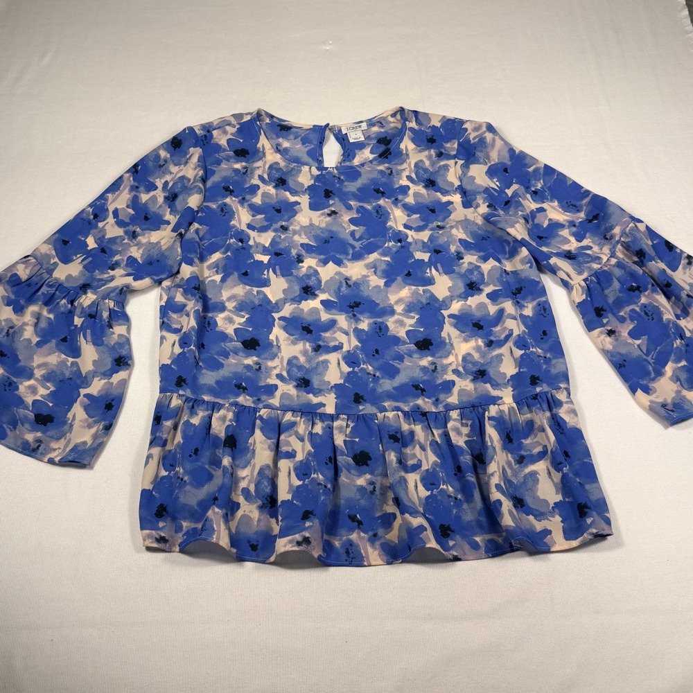 J.Crew Floral Peplum Blouse S Blue Tiered Hem Bell Sleeve Top Office Flowy Fem